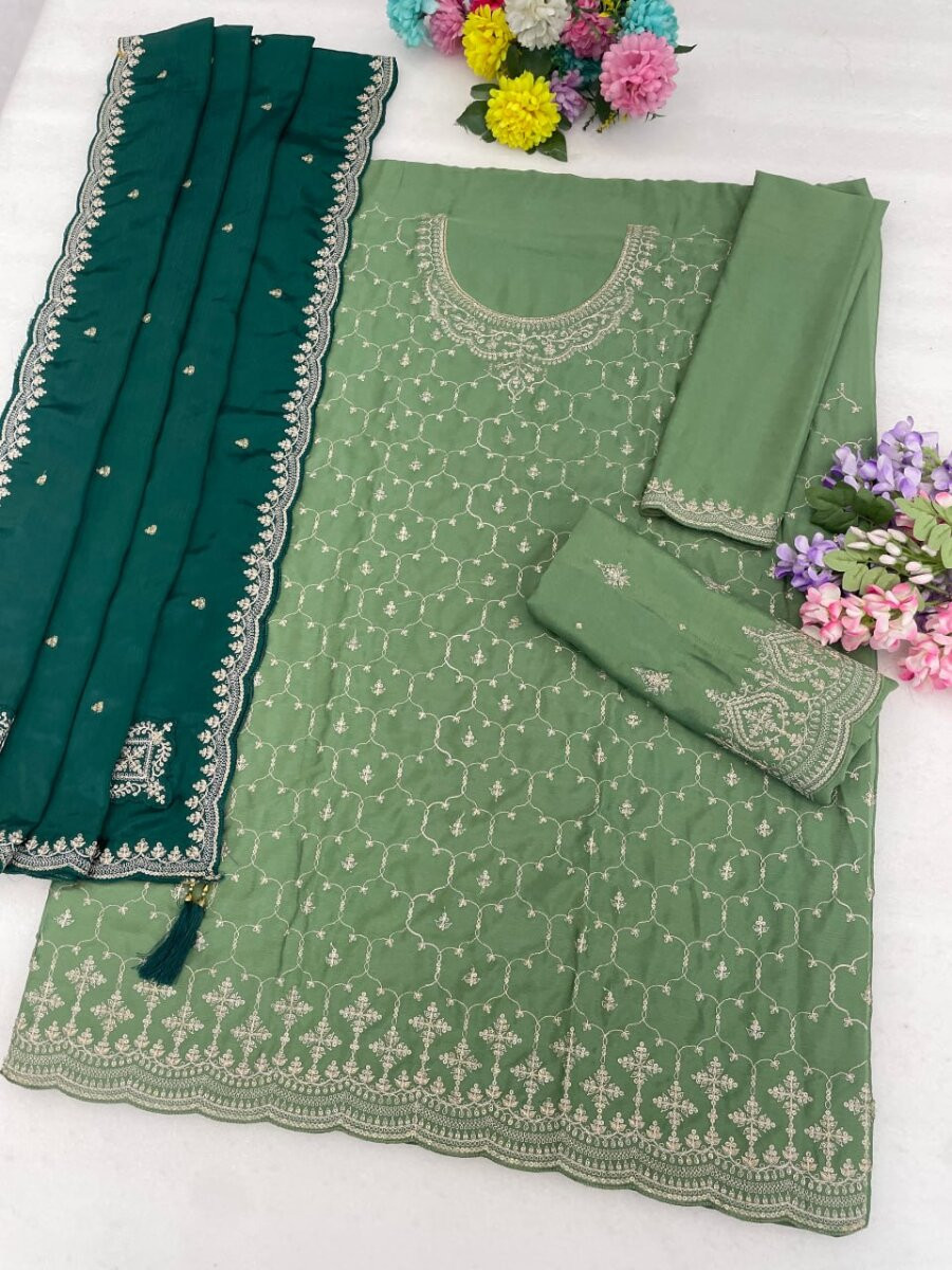 Green Heavy Chinon Embroidery Wedding Party Festival Casual Sharara Pant Salwar Kameez