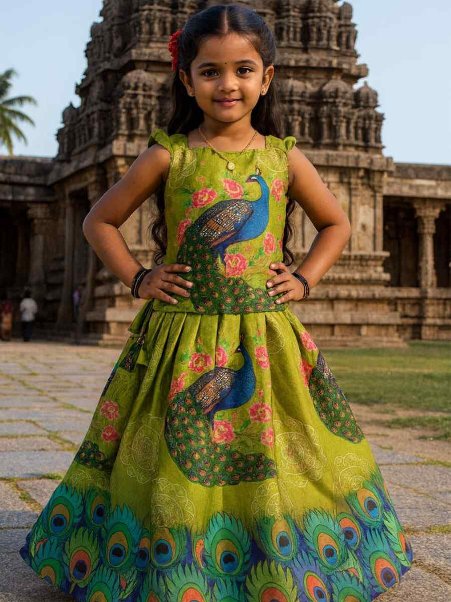 Green Heavy Chinon Printed Kids Wear Wedding Festival Lehengas Girls Wear