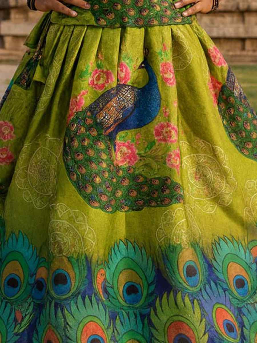 Green Heavy Chinon Printed Kids Wear Wedding Festival Lehengas Girls Wear