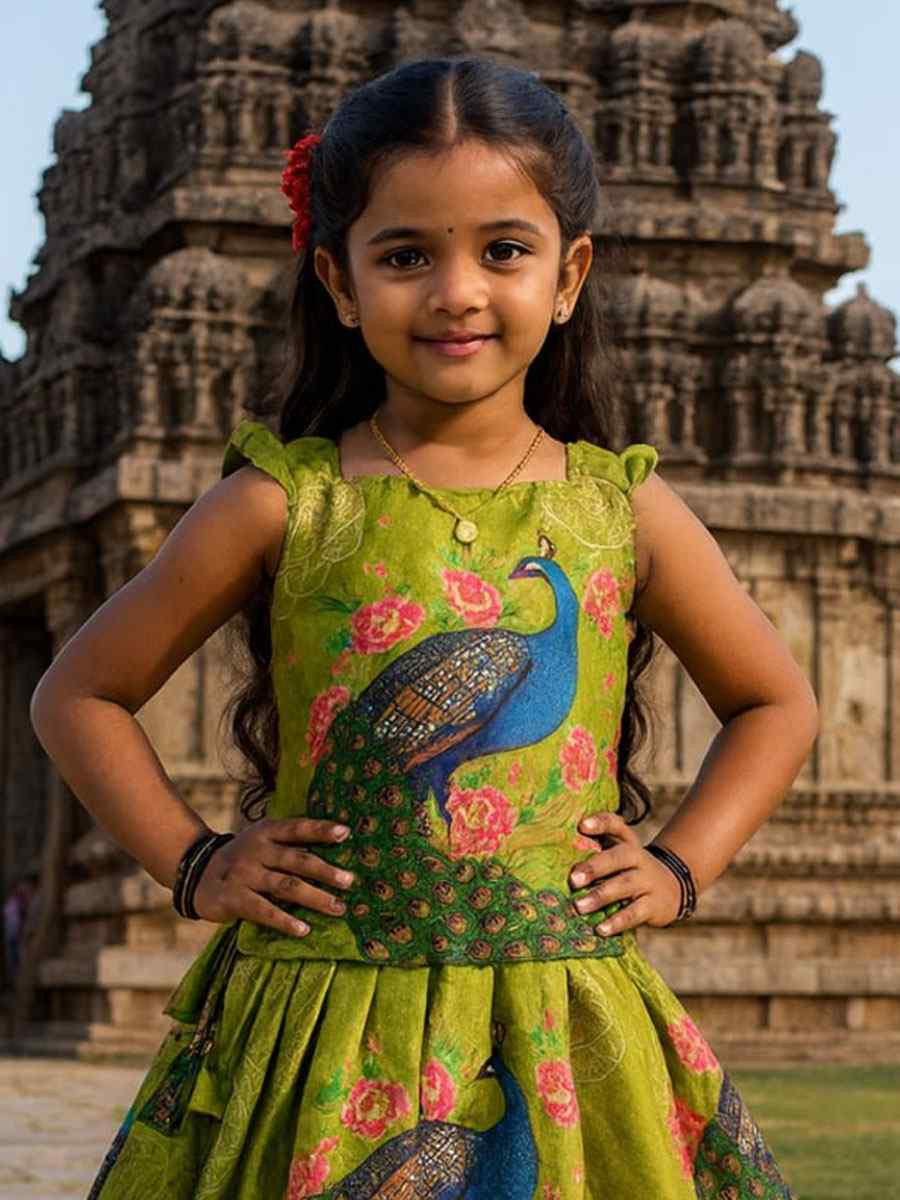 Green Heavy Chinon Printed Kids Wear Wedding Festival Lehengas Girls Wear