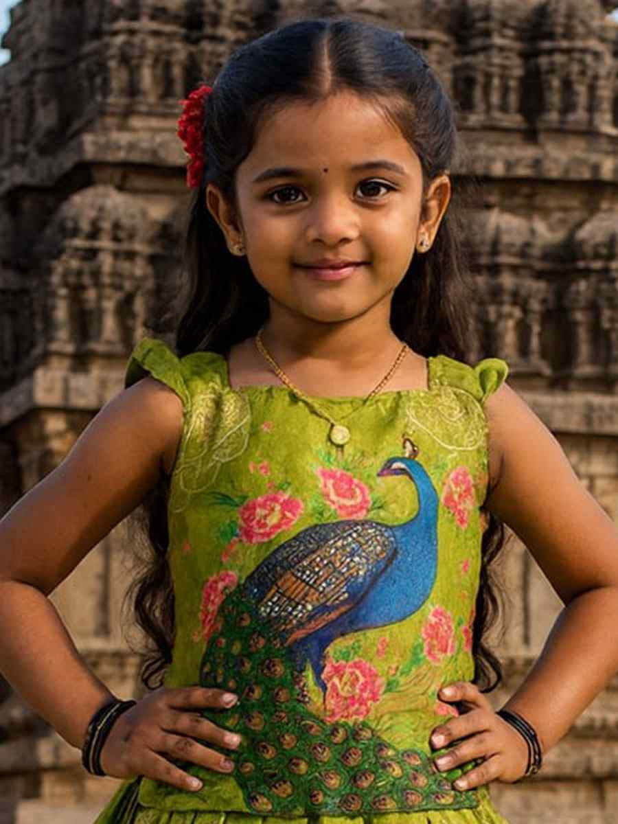 Green Heavy Chinon Printed Kids Wear Wedding Festival Lehengas Girls Wear