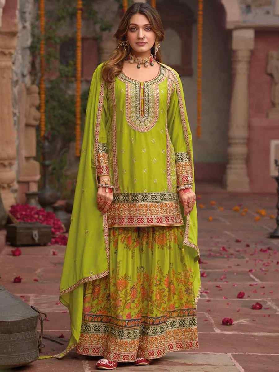 Green Heavy Chinon Silk Embroidered Festival Mehendi Ready Sharara Salwar Kameez