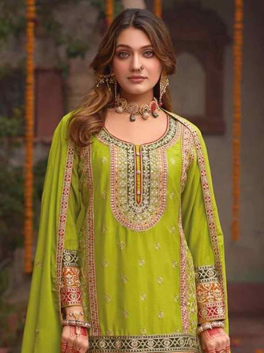Green Heavy Chinon Silk Embroidered Festival Mehendi Ready Sharara Salwar Kameez