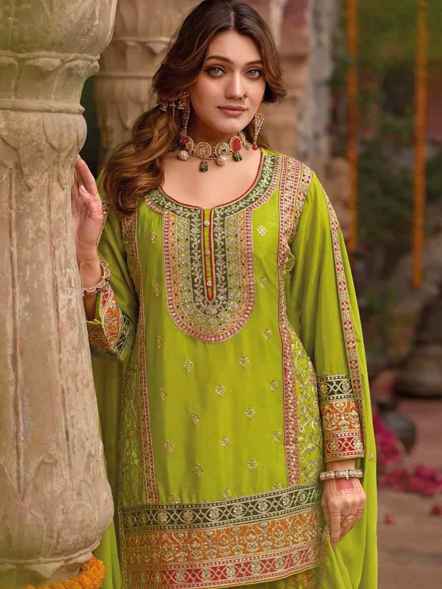 Green Heavy Chinon Silk Embroidered Festival Mehendi Ready Sharara Salwar Kameez