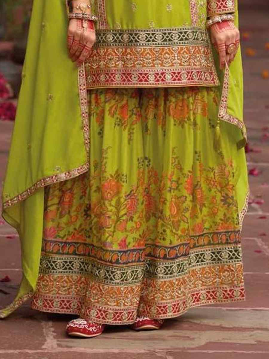 Green Heavy Chinon Silk Embroidered Festival Mehendi Ready Sharara Salwar Kameez