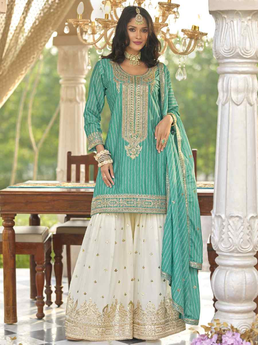 Green Heavy Chinon Silk Embroidered Festival Mehendi Ready Sharara Salwar Kameez