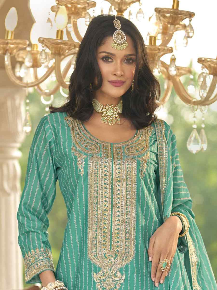 Green Heavy Chinon Silk Embroidered Festival Mehendi Ready Sharara Salwar Kameez