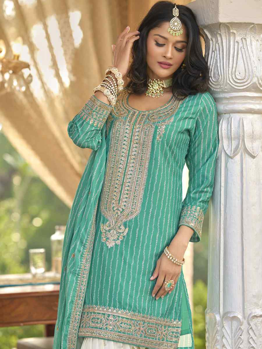 Green Heavy Chinon Silk Embroidered Festival Mehendi Ready Sharara Salwar Kameez