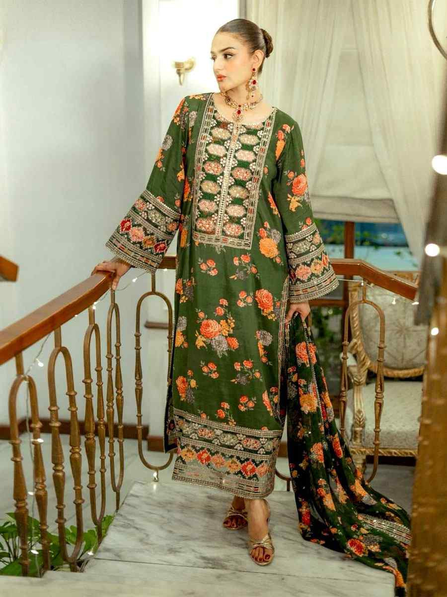 Green Heavy Chinon Silk Embroidered Party Wedding Ready Pant Salwar Kameez