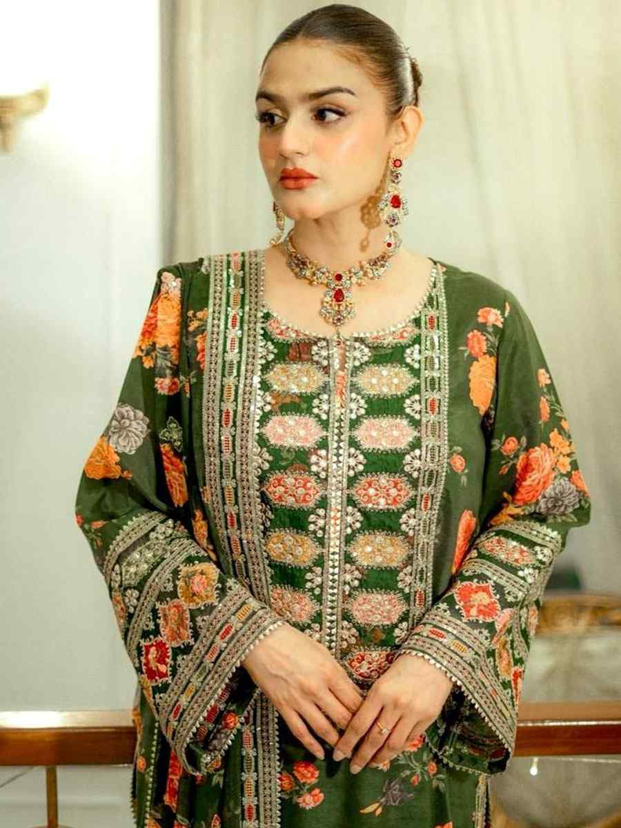 Green Heavy Chinon Silk Embroidered Party Wedding Ready Pant Salwar Kameez