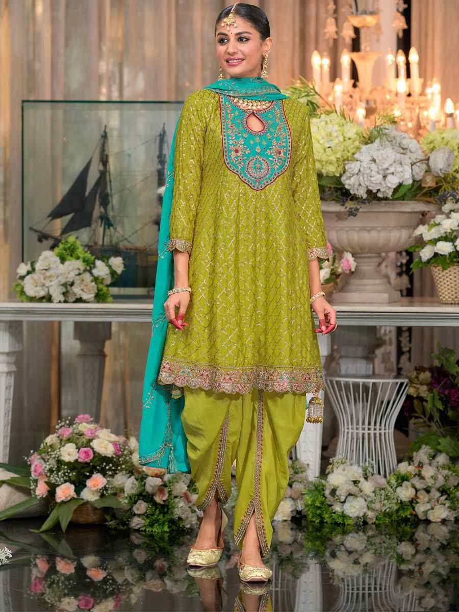 Green Heavy ChinonEmbroidery Casual Festival Doti Pant Salwar Kameez