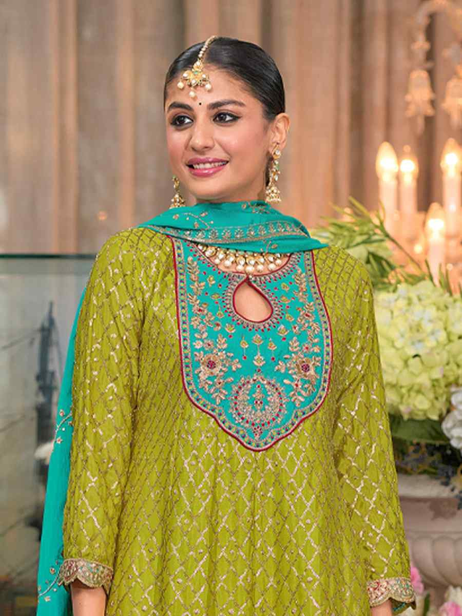Green Heavy ChinonEmbroidery Casual Festival Doti Pant Salwar Kameez