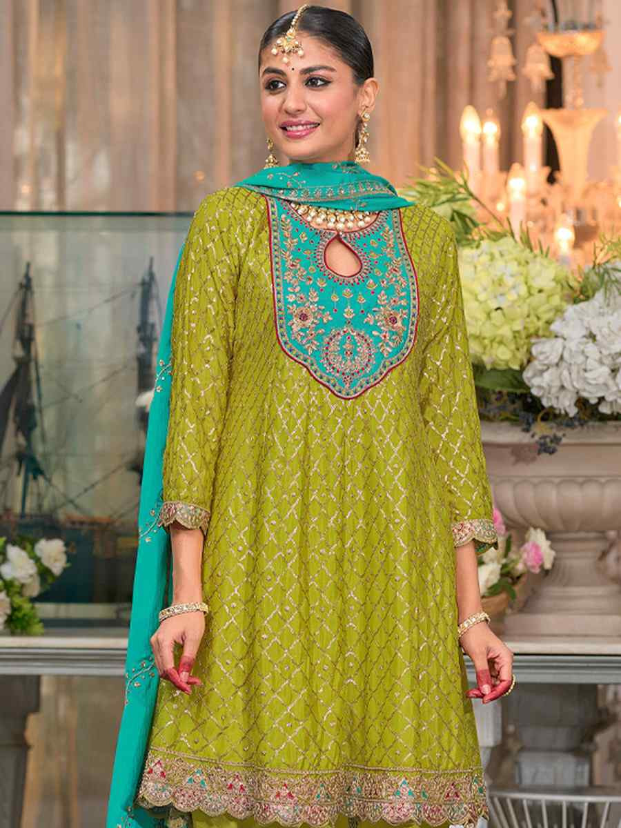 Green Heavy ChinonEmbroidery Casual Festival Doti Pant Salwar Kameez