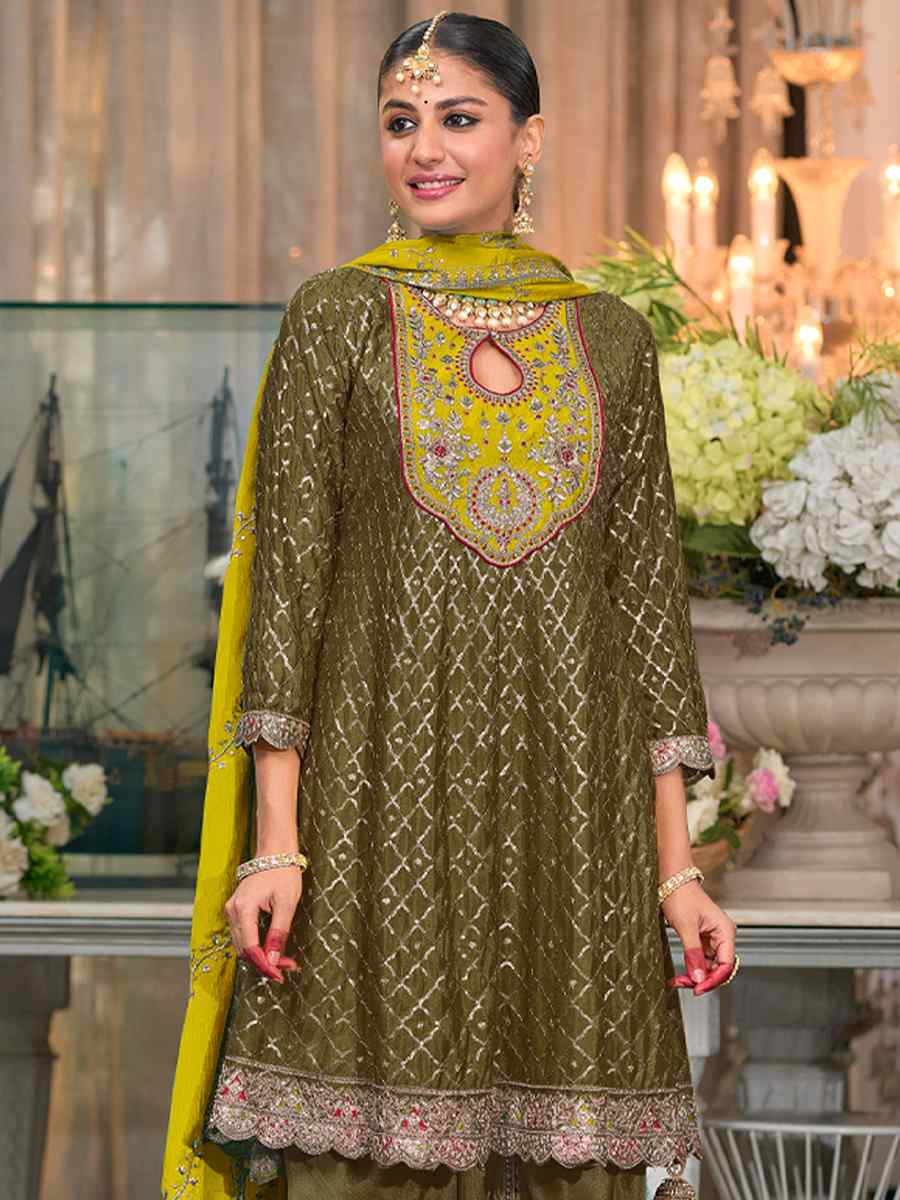 Green Heavy ChinonEmbroidery Casual Festival Doti Pant Salwar Kameez