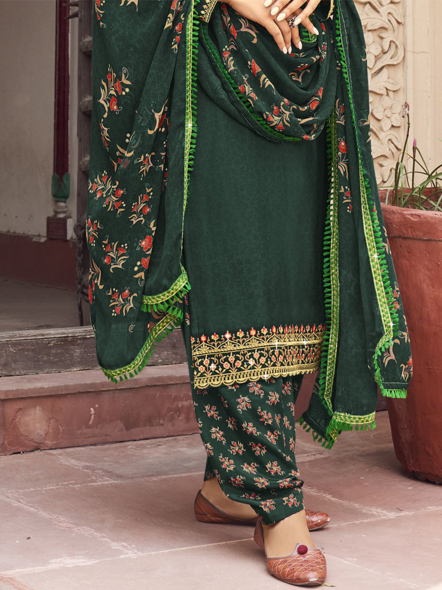 Green Heavy Crepe Embroidered Casual Festival Patiala Salwar Kameez