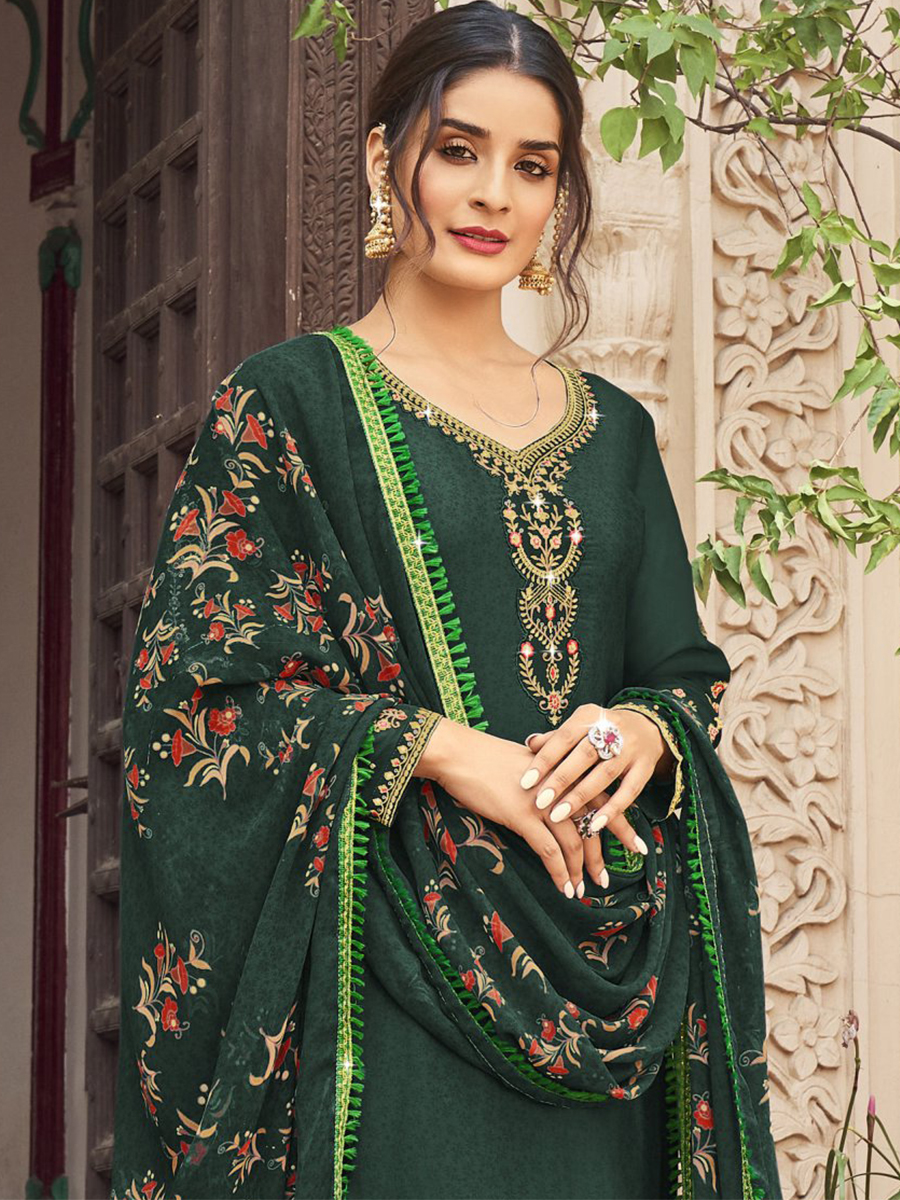 Green Heavy Crepe Embroidered Casual Festival Patiala Salwar Kameez