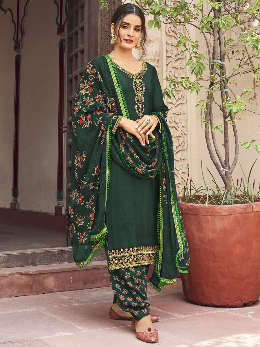 Green Heavy Crepe Embroidered Casual Festival Patiala Salwar Kameez