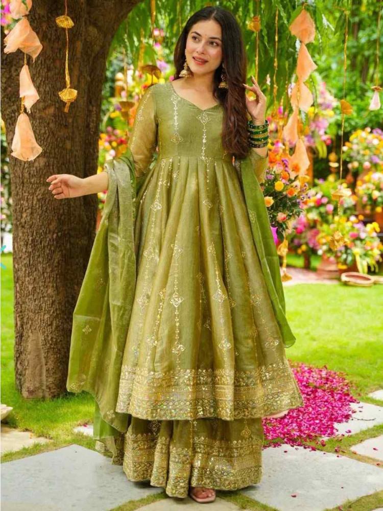 Image of Green Heavy Crunchy Silk Embroidery Party Wedding Festival Casual Ready Anarkali Palazzo Salwar Kameez