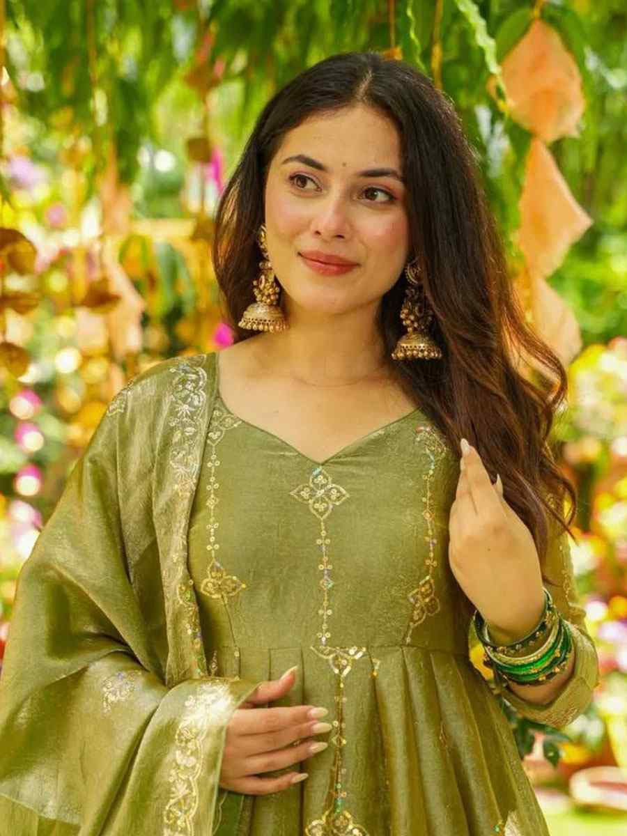 Green Heavy Crunchy Silk Embroidery Party Wedding Festival Casual Ready Anarkali Palazzo Salwar Kameez
