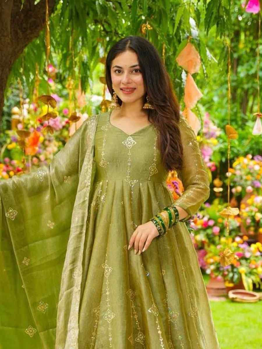 Green Heavy Crunchy Silk Embroidery Party Wedding Festival Casual Ready Anarkali Palazzo Salwar Kameez