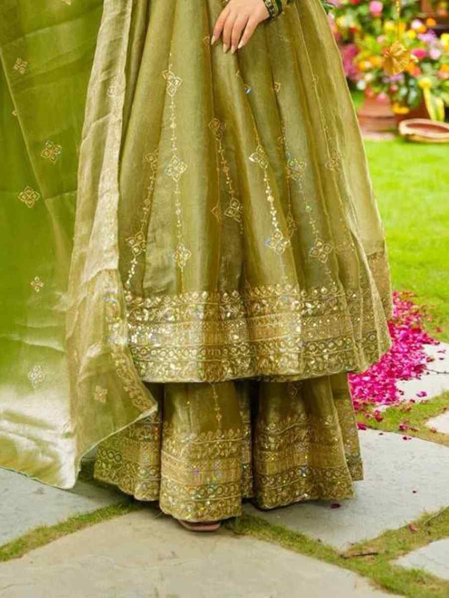 Green Heavy Crunchy Silk Embroidery Party Wedding Festival Casual Ready Anarkali Palazzo Salwar Kameez