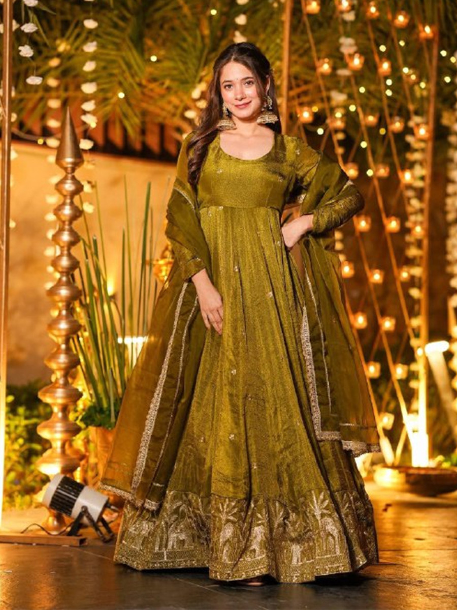 Green Heavy Crunchy Silk Embroidery Sequins Party Wedding Festival Casual Ready Anarkali Pant Salwar Kameez