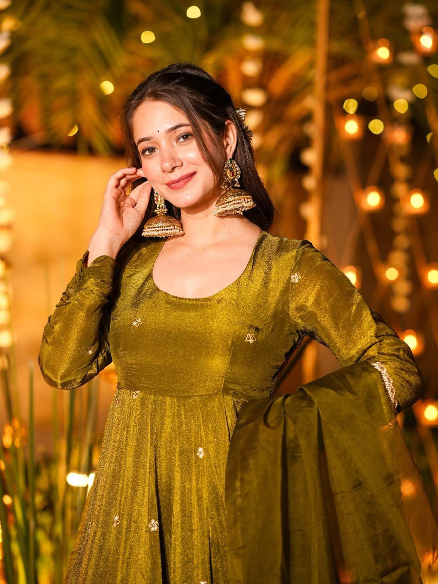 Green Heavy Crunchy Silk Embroidery Sequins Party Wedding Festival Casual Ready Anarkali Pant Salwar Kameez