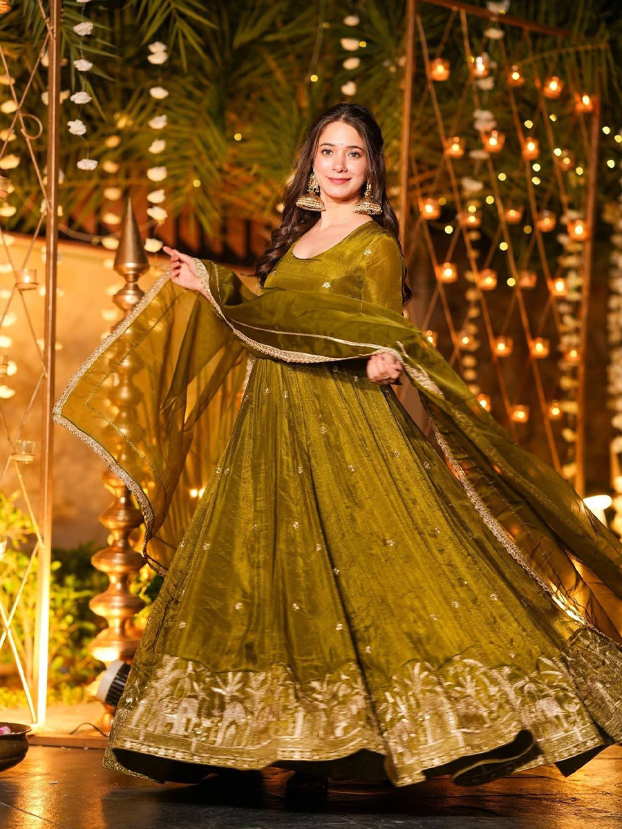 Green Heavy Crunchy Silk Embroidery Sequins Party Wedding Festival Casual Ready Anarkali Pant Salwar Kameez