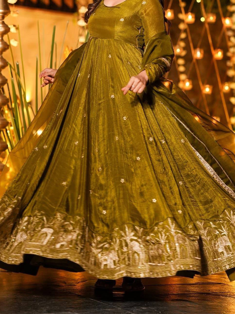 Green Heavy Crunchy Silk Embroidery Sequins Party Wedding Festival Casual Ready Anarkali Pant Salwar Kameez