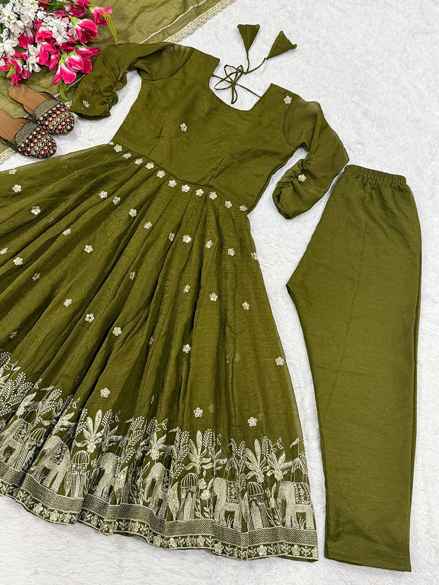 Green Heavy Crunchy Silk Embroidery Sequins Party Wedding Festival Casual Ready Anarkali Pant Salwar Kameez