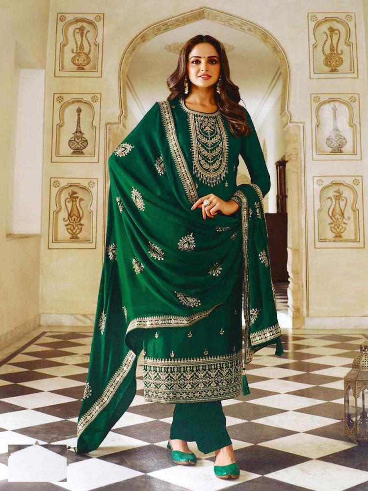 Green Heavy Dola Silk Embroidered Festival Pant Salwar Kameez