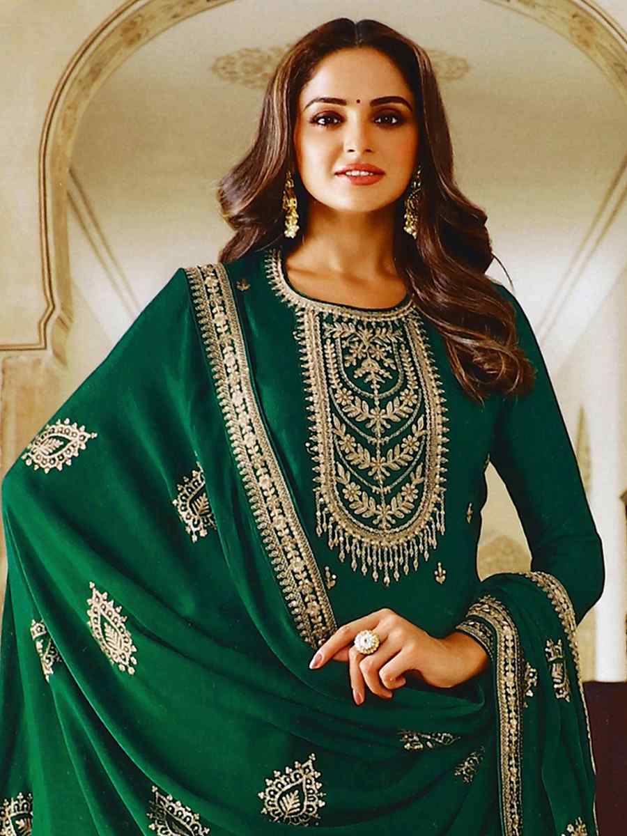 Green Heavy Dola Silk Embroidered Festival Pant Salwar Kameez