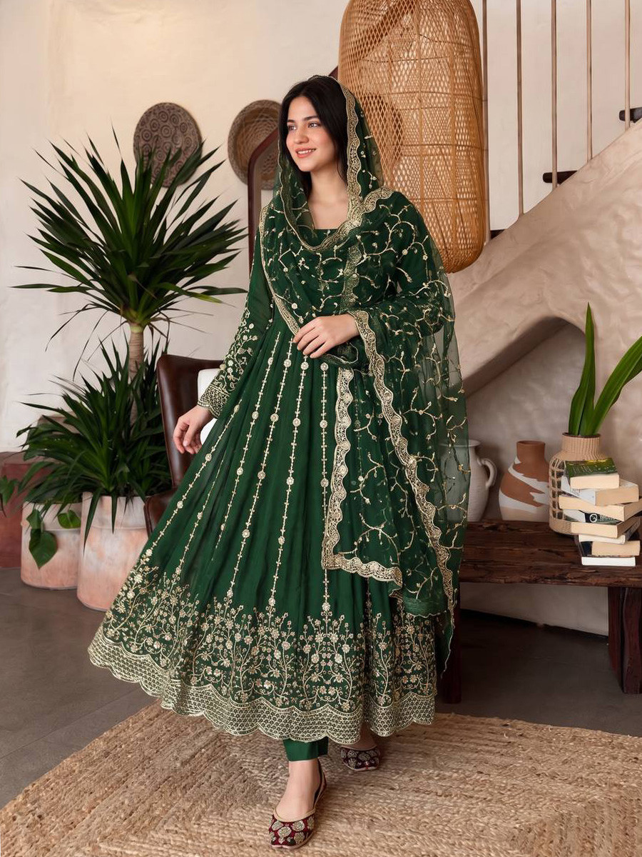 Green Heavy Fandy Silk Embroidery Sequins Zari Wedding Party Festival Casual Ready Anarkali Pant Salwar Kameez