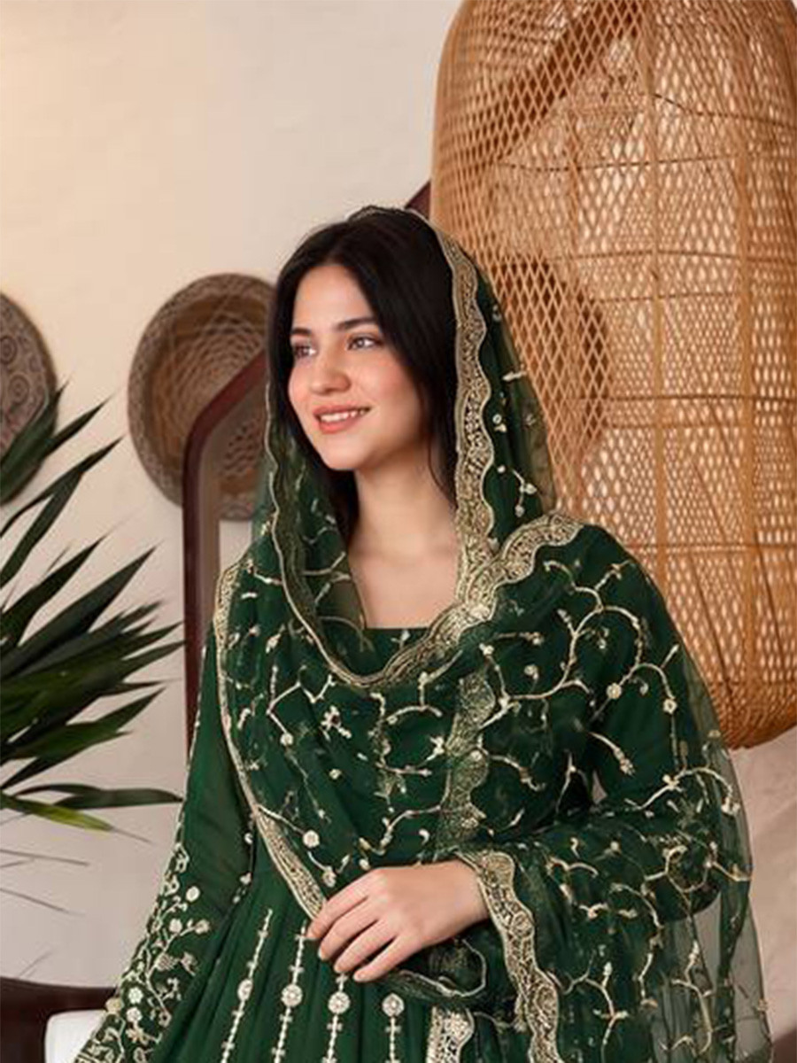 Green Heavy Fandy Silk Embroidery Sequins Zari Wedding Party Festival Casual Ready Anarkali Pant Salwar Kameez