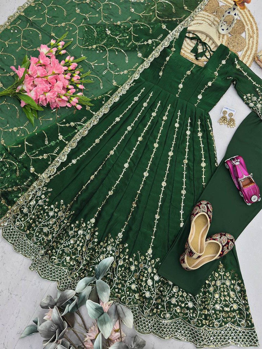 Green Heavy Fandy Silk Embroidery Sequins Zari Wedding Party Festival Casual Ready Anarkali Pant Salwar Kameez