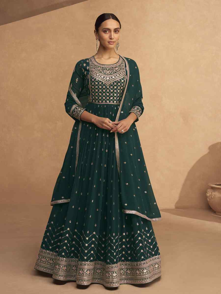 Green Heavy Faux Georgatte Embroidered Festival Mehendi Anarkali Salwar Kameez