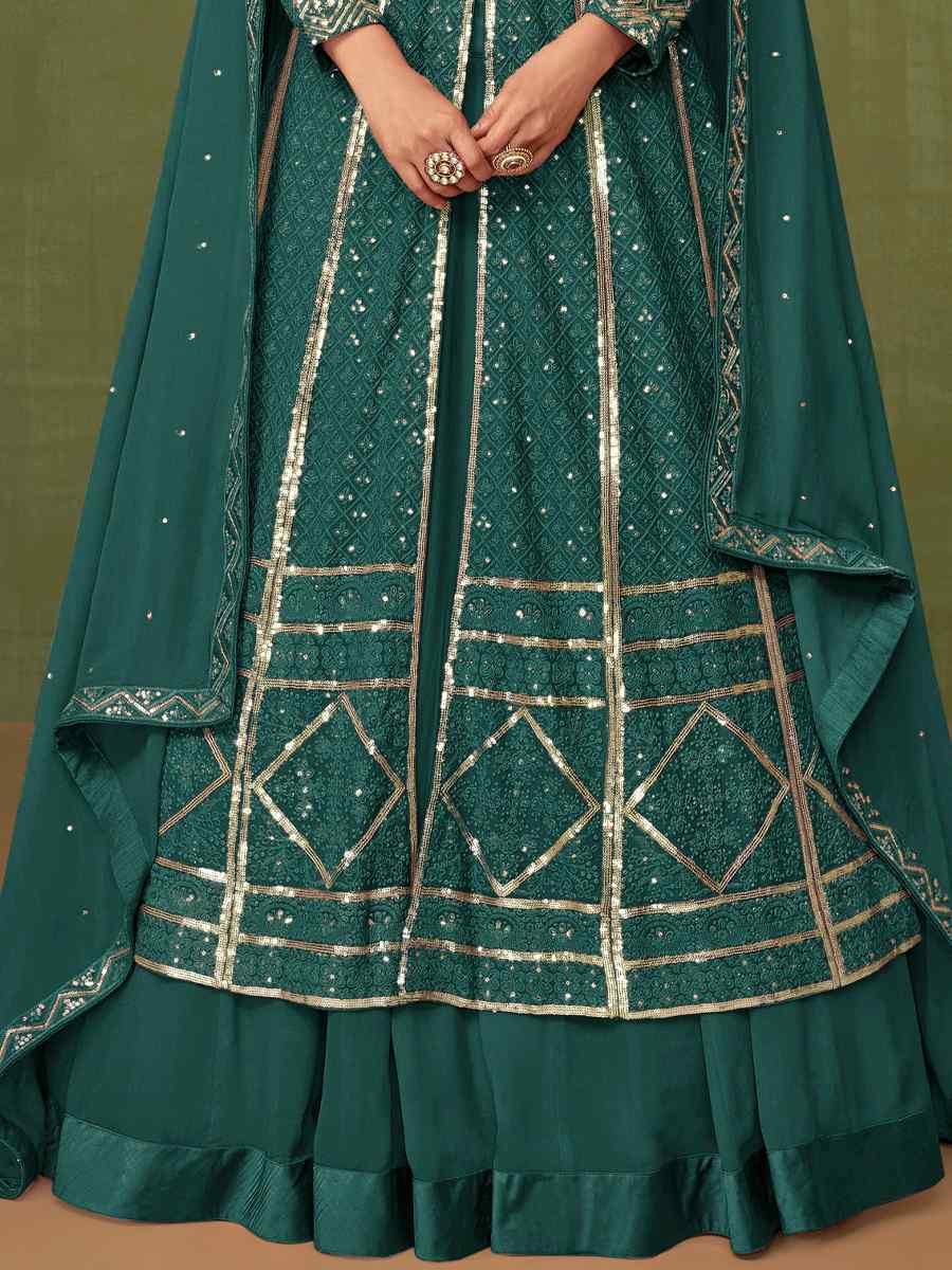 Green Heavy Faux Georgette Embroidered Engagement Wedding Anarkali Salwar Kameez