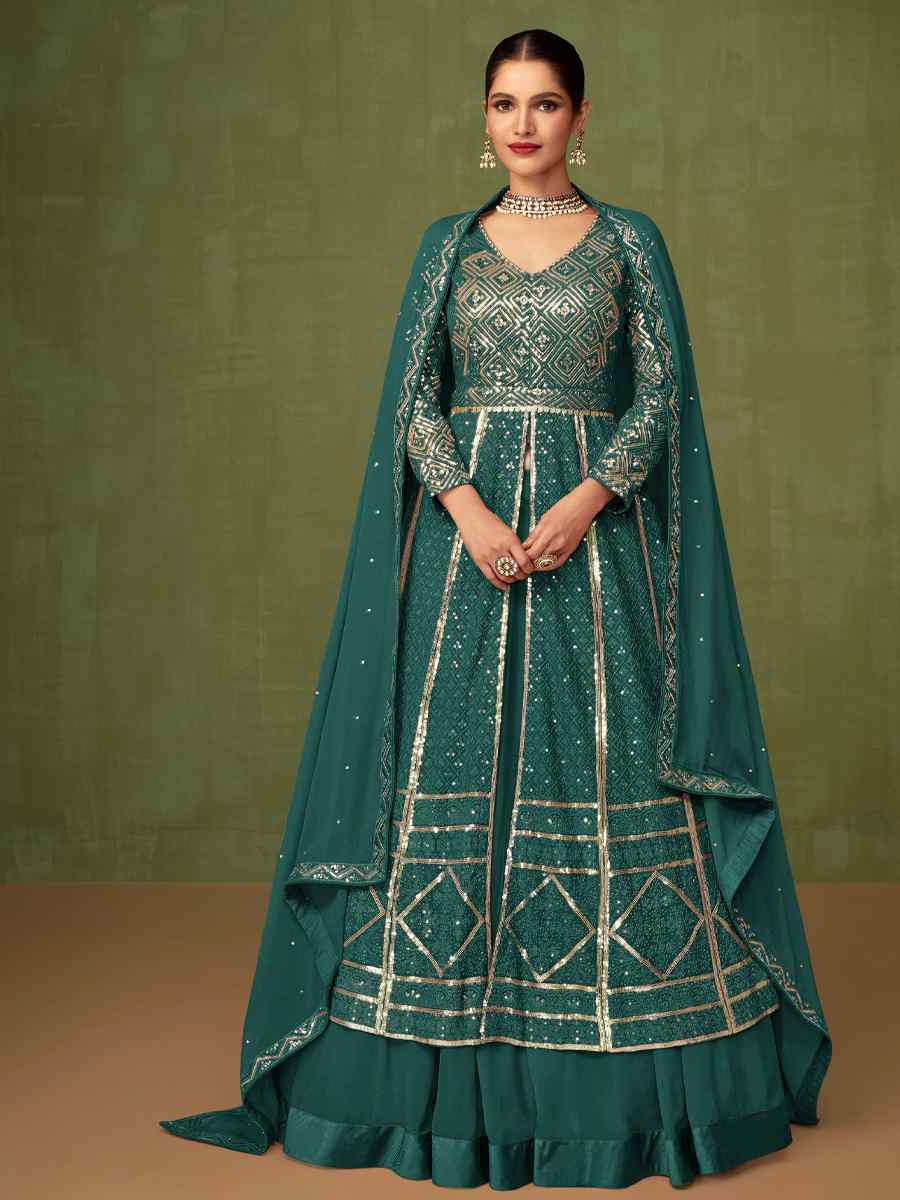 Green Heavy Faux Georgette Embroidered Engagement Wedding Anarkali Salwar Kameez