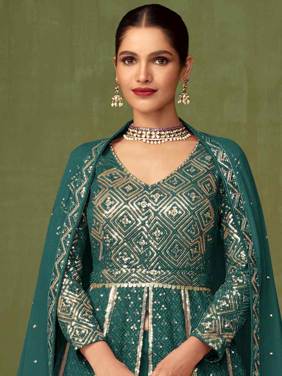 Green Heavy Faux Georgette Embroidered Engagement Wedding Anarkali Salwar Kameez