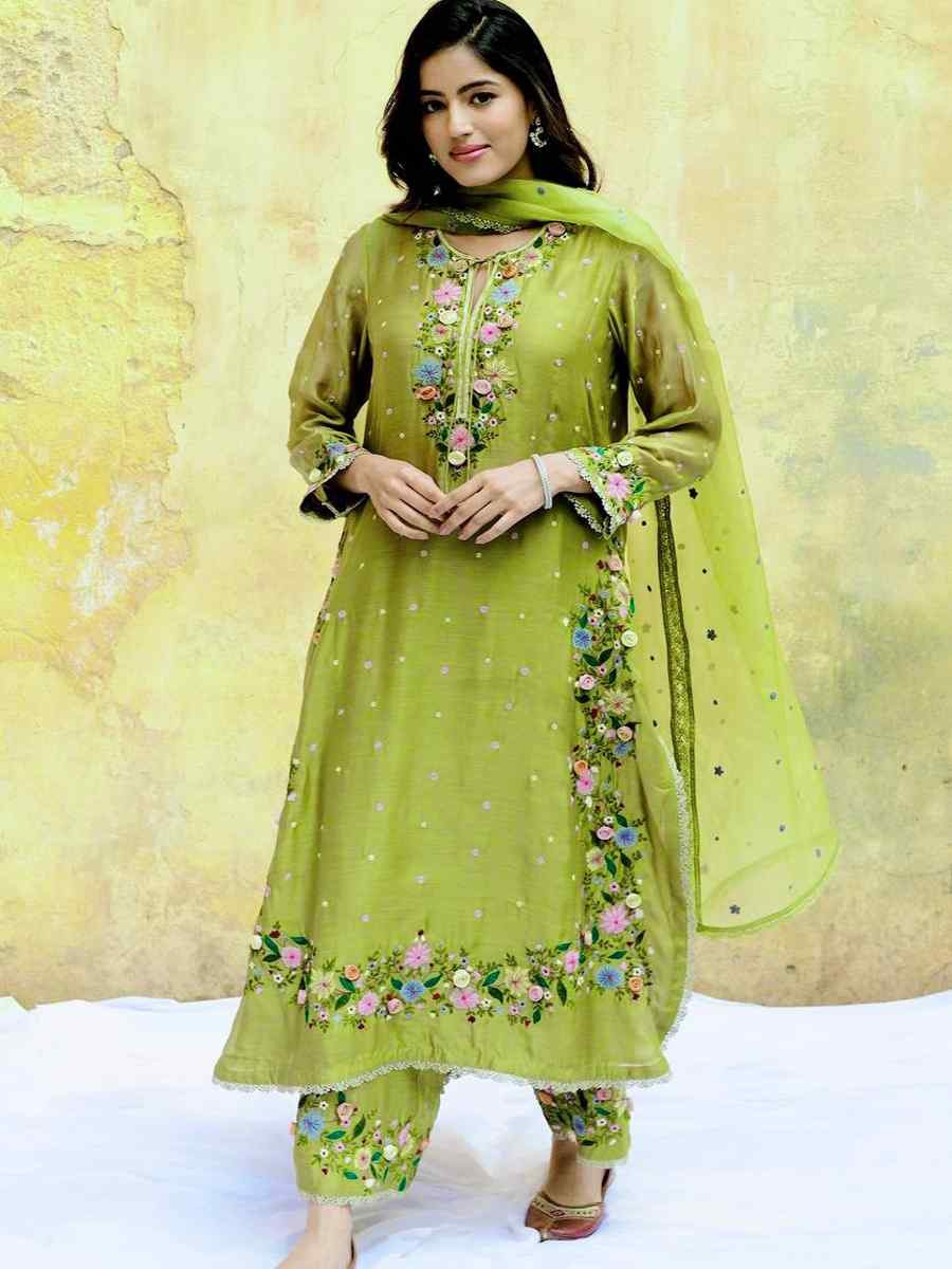 Green Heavy Faux Georgette Embroidered Festival Casual Ready Palazzo Pant Salwar Kameez