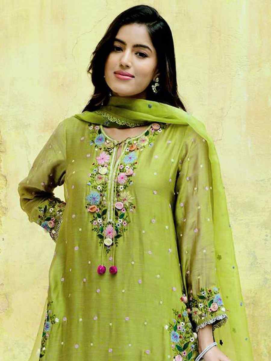 Green Heavy Faux Georgette Embroidered Festival Casual Ready Palazzo Pant Salwar Kameez