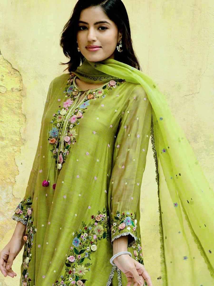 Green Heavy Faux Georgette Embroidered Festival Casual Ready Palazzo Pant Salwar Kameez
