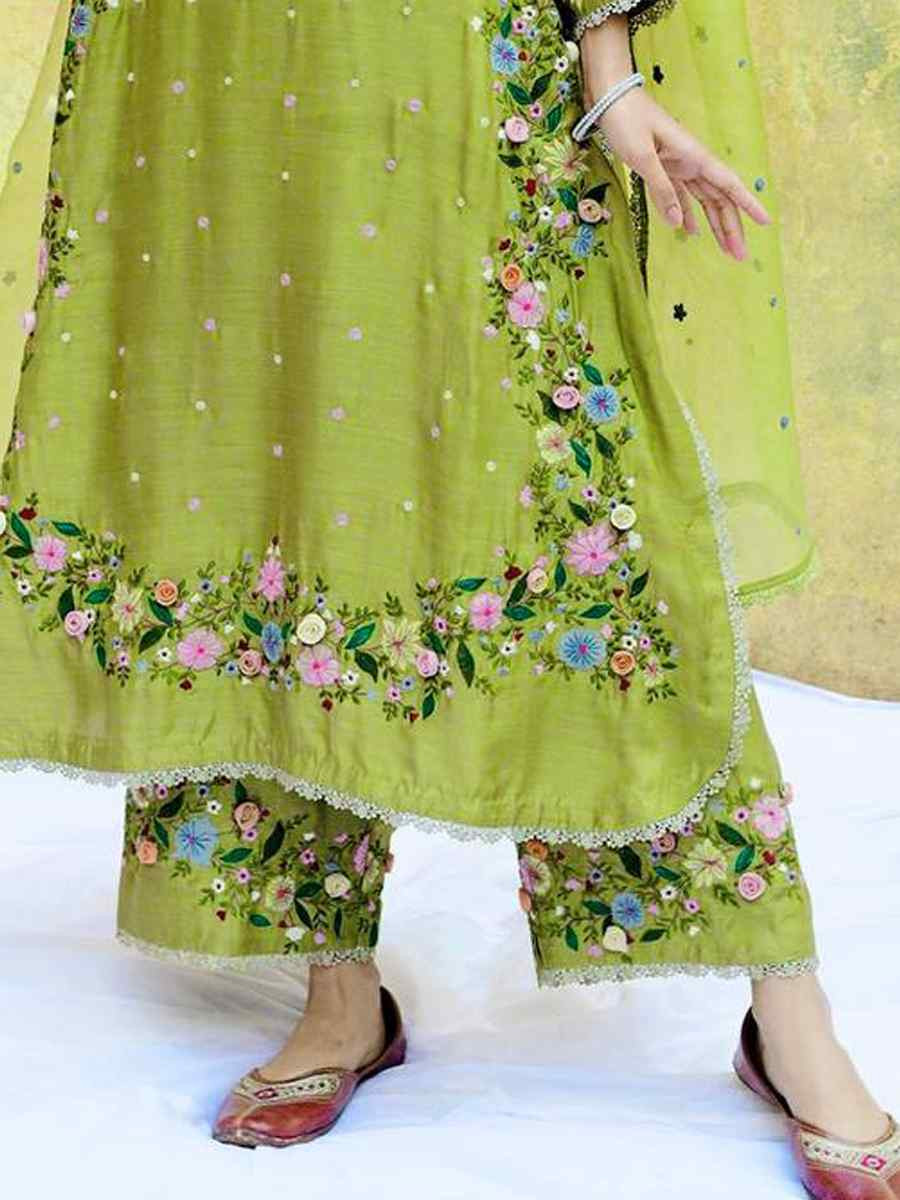 Green Heavy Faux Georgette Embroidered Festival Casual Ready Palazzo Pant Salwar Kameez