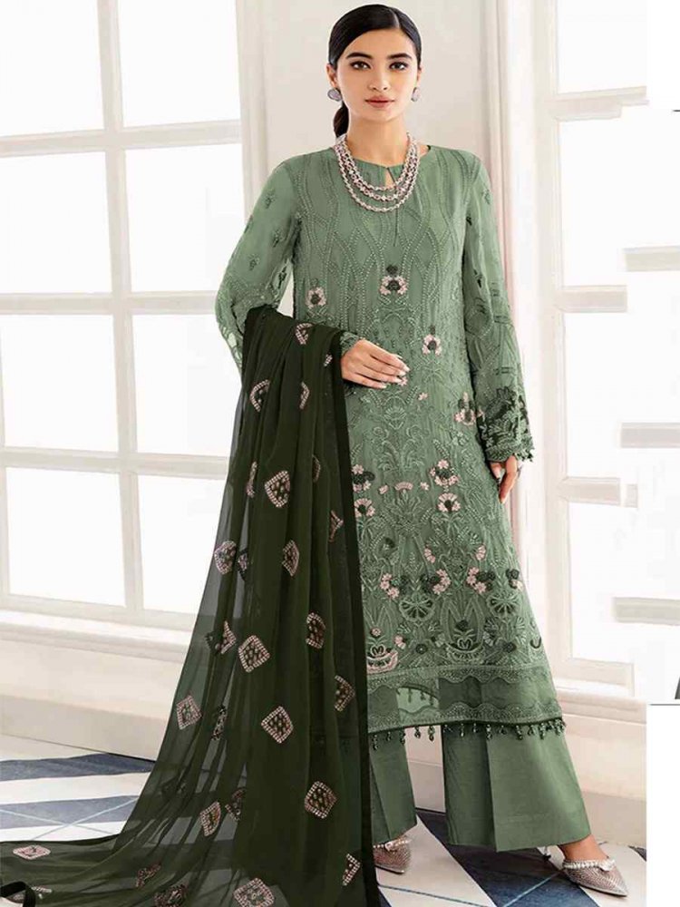Green Heavy Faux Georgette Embroidered Festival Mehendi Pant Salwar Kameez