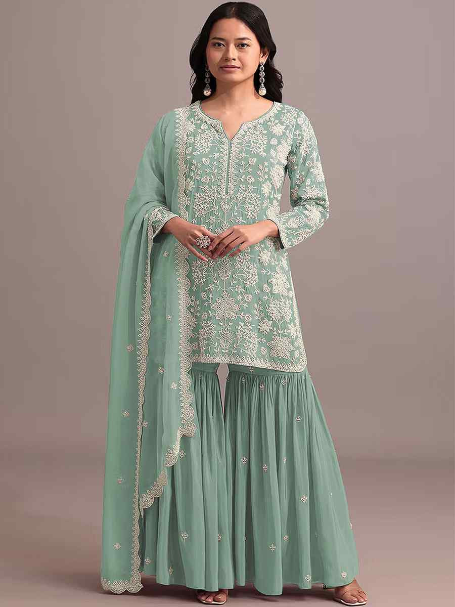 Green Heavy Faux Georgette Embroidered Festival Mehendi Sharara Pant Salwar Kameez
