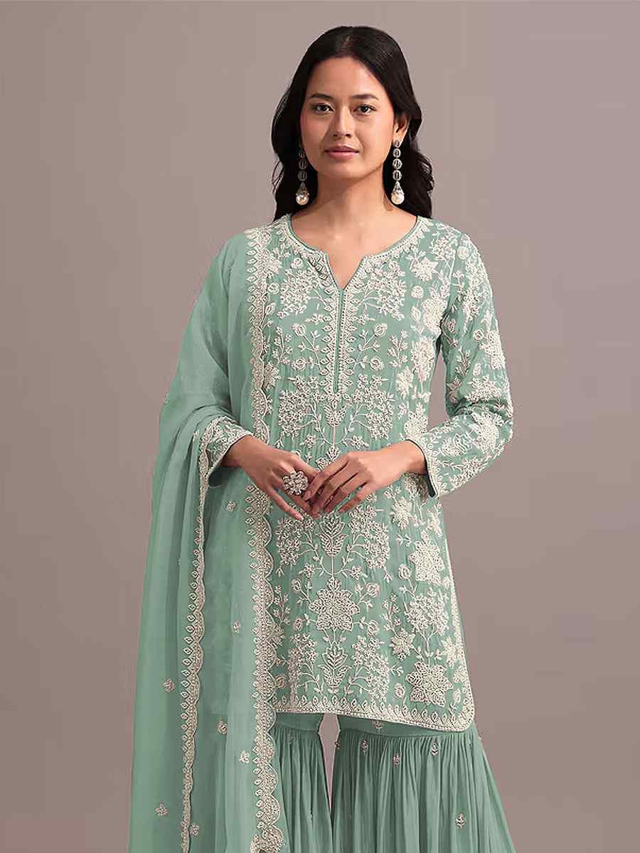 Green Heavy Faux Georgette Embroidered Festival Mehendi Sharara Pant Salwar Kameez