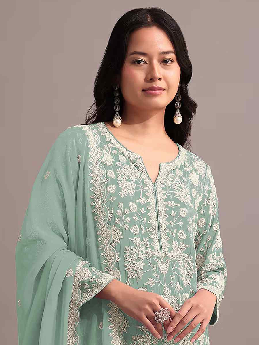 Green Heavy Faux Georgette Embroidered Festival Mehendi Sharara Pant Salwar Kameez