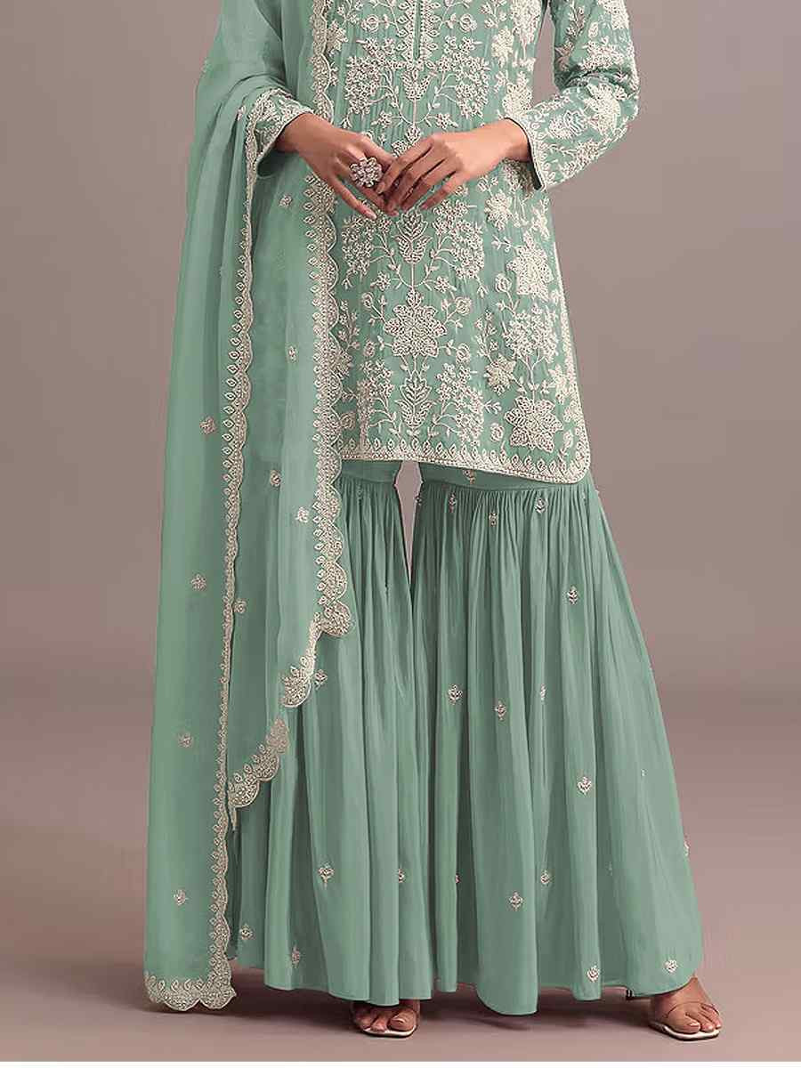 Green Heavy Faux Georgette Embroidered Festival Mehendi Sharara Pant Salwar Kameez