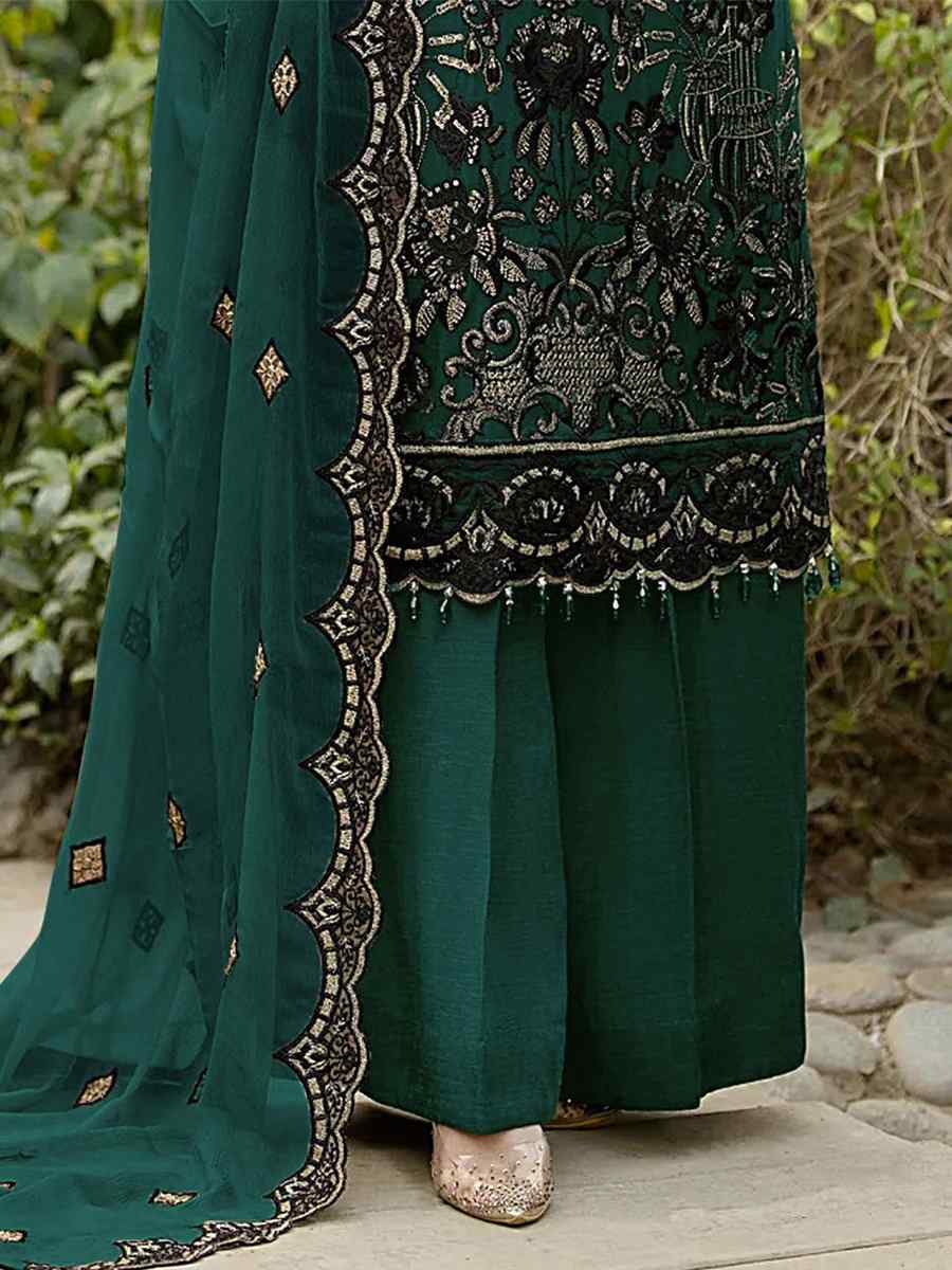 Green Heavy Faux Georgette Embroidered Festival Party Palazzo Pant Salwar Kameez
