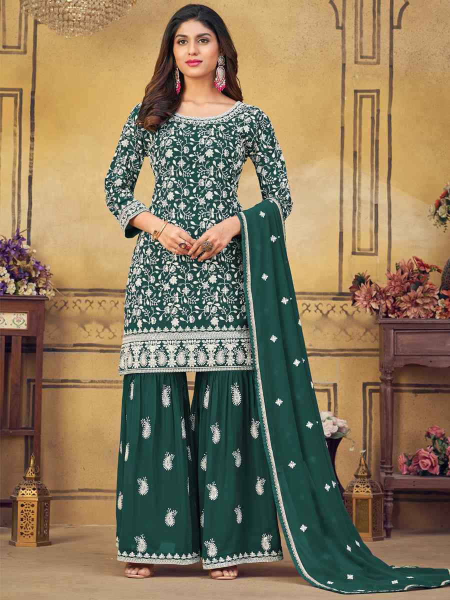 Green Heavy Faux Georgette Embroidered Festival Party Palazzo Pant Salwar Kameez